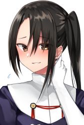 Rule 34 | 1girl, black hair, blush, brown eyes, commentary request, gloves, hand on own neck, highres, kantai collection, katsuobushi (eba games), long hair, looking at viewer, military, military uniform, nachi (kancolle), parted lips, side ponytail, simple background, smile, solo, uniform, upper body, white background, white gloves