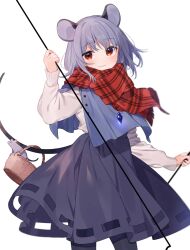 Rule 34 | 1girl, akagashi hagane, animal ears, basket, capelet, contrapposto, dowsing rod, grey hair, highres, holding, holding with tail, jewelry, long sleeves, looking at viewer, mouse (animal), mouse ears, mouse tail, nazrin, pantyhose, pendant, plaid, plaid scarf, prehensile tail, red eyes, red scarf, scarf, skirt, smile, solo, tail, touhou, white background