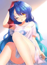 Rule 34 | 1girl, ahoge, amamiya kokoro, blue hair, blush, breasts, clothes between thighs, fang, feet out of frame, hair down, hairband, highres, legs, long hair, looking at viewer, medium breasts, neit ni sei, nijisanji, no pants, one eye closed, open mouth, shirt, sitting, solo, t-shirt, thighs, very long hair, virtual youtuber, wet, wet clothes, wet shirt, white shirt, yellow eyes