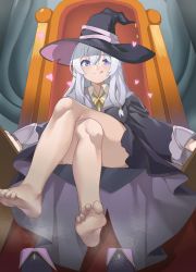 Rule 34 | 1girl, barefoot, blue eyes, blush, elaina (majo no tabitabi), feet, hat, highres, crossed legs, licking lips, long hair, looking at viewer, majo no tabitabi, shoes, unworn shoes, silver hair, sitting, soles, steam, sweat, throne, toes, tongue, tongue out, witch hat