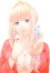 Rule 34 | 1girl, alternate costume, alternate hairstyle, blazer, blue eyes, bracelet, breasts, chain, chain necklace, character name, cleavage, crystal earrings, earrings, ebi (xteikix), flower, gradient eyes, hair between eyes, hair flower, hair intakes, hair ornament, hair over shoulder, hair scrunchie, hand on own face, jacket, jewelry, large breasts, light smile, lips, long hair, long sleeves, looking at viewer, low-tied long hair, macross, macross frontier, multicolored eyes, nail polish, necklace, no bra, no shirt, open clothes, open jacket, parted lips, pendant, pink hair, ponytail, purple eyes, red jacket, scrunchie, sheryl nome, side ponytail, sidelocks, signature, simple background, solo, upper body, wavy hair, white background, ||/
