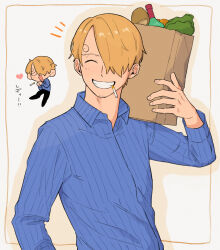 Rule 34 | 1boy, bag, beard stubble, black pants, blonde hair, blue shirt, blush, bottle, bread, carrying, chibi, cigarette, clenched teeth, collared shirt, commentary, curly eyebrows, facial hair, floating, food, groceries, hair over one eye, hand up, heart, highres, iqracha, lettuce, long bangs, long sleeves, male focus, one eye closed, one piece, over shoulder, pants, paper bag, sanji (one piece), shadow, shirt, short hair, simple background, smile, striped clothes, stubble, teeth, translated, upper body, white background