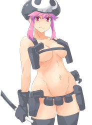 Rule 34 | 10s, 1girl, alternate breast size, arm at side, bare shoulders, beret, black gloves, black thighhighs, blush, breasts, closed mouth, collarbone, curvy, female focus, gloves, hand on own hip, hat, holding, holding weapon, jakuzure nonon, kill la kill, knife, legs, looking at viewer, medium breasts, minakami (flyingman555), navel, neck, nudist beach uniform, pink eyes, pink hair, revealing clothes, shiny skin, short hair with long locks, simple background, skull, skull print, smile, solo, standing, thighhighs, underboob, weapon, white background