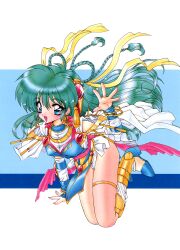 Rule 34 | 1990s (style), 1girl, blue eyes, bracelet, braid, can can bunny, can can bunny extra, detached sleeves, earrings, full body, glint, green hair, hair ribbon, highres, jewelry, long hair, non-web source, official art, open mouth, pelvic curtain, ramiya ryou, retro artstyle, ribbon, ring, solo, swatty (can can bunny), thighlet