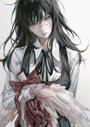 Rule 34 | 1girl, absurdres, animal, bird, black hair, black ribbon, black vest, blood, blood on hands, bow, bucky (chainsaw man), chainsaw man, collared shirt, deadprince, guro, hair between eyes, head tilt, highres, holding, holding animal, holding bird, intestines, long hair, looking at viewer, neck ribbon, parted lips, purple eyes, red bow, ribbon, scar, scar on face, shirt, simple background, vest, weibo watermark, white background, white shirt, yoru (chainsaw man)