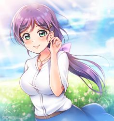 Rule 34 | 1girl, artist name, artist request, belt, blue skirt, blue sky, blush, bow, bracelet, breasts, brown belt, cloud, collarbone, collared shirt, female focus, green eyes, hair bow, hair ornament, hairclip, jewelry, long hair, looking at viewer, love live!, love live! school idol festival, love live! school idol project, medium breasts, necklace, outdoors, parted lips, pink bow, ponyagii, purple hair, shirt, skirt, sky, smile, solo, tojo nozomi, twintails, white shirt, x hair ornament