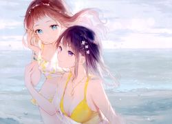 Rule 34 | 2girls, absurdres, bare arms, bare shoulders, bikini, black hair, blue eyes, blue sky, bracelet, breasts, brown hair, cleavage, cloud, cloudy sky, conch, day, gomzi, hair ornament, highres, holding, jewelry, long hair, medium breasts, multiple girls, necklace, original, outdoors, purple eyes, rin (gomzi), scan, sky, smile, swimsuit, upper body, water, water drop, yuuna (gomzi)