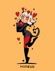 Rule 34 | 1girl, black jacket, blush, boots, character name, demon girl, demon horns, demon tail, dot nose, finger to mouth, from side, halftone, heart, heart-shaped pupils, heart tail, helltaker, highres, horns, index finger raised, jacket, knee boots, long sleeves, looking at viewer, looking to the side, medium hair, modeus (helltaker), nose blush, pantyhose, rariatto (ganguri), red eyes, red pantyhose, red sweater, ribbed sweater, solo, standing, standing on one leg, sweater, symbol-shaped pupils, tail, tiptoes, white hair, yellow background