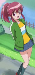 Rule 34 | 10s, 1girl, :d, aino megumi, arms behind back, clothes lift, denim, denim skirt, happinesscharge precure!, haruyama kazunori, jacket, kneehighs, open clothes, open jacket, open mouth, panties, ponytail, precure, red eyes, red hair, shoes, short hair, shorts, skirt, skirt lift, smile, socks, solo, track jacket, underwear