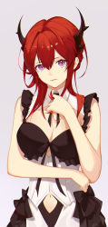 Rule 34 | 1girl, absurdres, alternate costume, arknights, arm across waist, black dress, breasts, cleavage, clothing cutout, dress, hand on own chest, highres, horns, large breasts, long hair, looking at viewer, navel, navel cutout, parted lips, purple eyes, red hair, shiguangbai, simple background, sleeveless, sleeveless dress, slit pupils, smile, solo, surtr (arknights), two-tone dress, upper body, white background, white dress