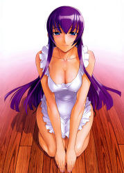 Rule 34 | 1girl, absurdres, apron, blue eyes, breasts, busujima saeko, cleavage, collarbone, completely nude, covered erect nipples, female focus, frills, highres, highschool of the dead, large breasts, legs, long hair, nail polish, naked apron, no bra, no panties, nude, official art, purple hair, satou shouji, scan, seiza, sitting, smile, solo, topless