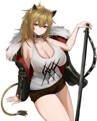Rule 34 | 1girl, animal ears, arknights, arm support, black choker, black jacket, black shorts, blush, breasts, brown eyes, choker, cleavage, closed mouth, commentary, cowboy shot, fur-trimmed jacket, fur trim, hair between eyes, hammer, highres, holding, holding weapon, jacket, large breasts, light brown hair, lion ears, lion girl, lion tail, long hair, looking at viewer, off shoulder, open clothes, open jacket, ponytail, short shorts, shorts, siege (arknights), simple background, sledgehammer, sleeveless, solo, standing, studded choker, tail, tank top, thighs, two-sided fabric, two-sided jacket, unknownnoname0, weapon, white background, white tank top