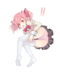 Rule 34 | !, 10s, 1girl, ass, bow, female focus, hair bow, kaname madoka, mahou shoujo madoka magica, momori, open mouth, panties, pink eyes, pink hair, school uniform, short hair, short twintails, simple background, skirt, solo, striped clothes, striped panties, thighhighs, twintails, underwear, upskirt, white background, white thighhighs