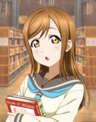 Rule 34 | 10s, 1girl, :o, blush, book, brown eyes, brown hair, holding, holding book, kazuma (theworld000021), kunikida hanamaru, library, looking at viewer, love live!, love live! school idol project, love live! sunshine!!, official style, open mouth, parted bangs, school uniform, serafuku, solo