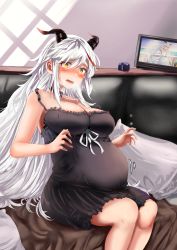 Rule 34 | 1girl, absurdres, aegir (azur lane), azur lane, blush, breasts, choker, cleavage, commentary, english commentary, highres, horns, jewelry, large breasts, long hair, looking at viewer, maternity dress, motion lines, multicolored hair, on bed, picture frame, pregnant, ring, user jcuh7723, very long hair, white hair, yellow eyes