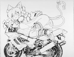 Rule 34 | 1girl, alternate costume, animal ears, ass, bare shoulders, bent over, blush, boots, bow, braid, breast rest, breasts, cat ears, cat girl, cat tail, female focus, greyscale, kaenbyou rin, knee boots, large breasts, looking at viewer, monochrome, motor vehicle, motorcycle, multiple tails, naughty face, okiraku nikku, panties, revealing clothes, shikishi, sideboob, slingshot swimsuit, solo, swimsuit, tail, touhou, traditional media, twin braids, underwear, vehicle