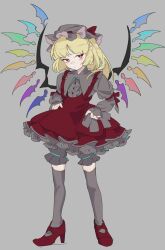 Rule 34 | 1girl, adapted costume, alternate color, blonde hair, chamaruk, dress, flandre scarlet, full body, grey background, grey hat, grey shirt, hat, highres, medium hair, mob cap, pointy ears, red dress, red eyes, shirt, side ponytail, simple background, touhou, wings