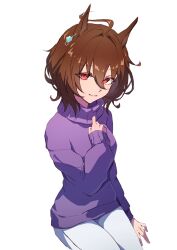 Rule 34 | 1girl, absurdres, agnes tachyon (umamusume), ahoge, alternate costume, brown hair, earrings, empty eyes, from above, highres, horse girl, invisible chair, jewelry, long sleeves, looking at viewer, making-of available, messy hair, pants, purple sweater, red eyes, short hair, simple background, single earring, sitting, smile, solo, sweater, umamusume, watou, white background, white pants
