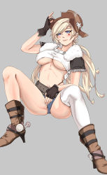Rule 34 | 1girl, absurdres, aged up, arm up, belt, black gloves, blonde hair, blue eyes, blush, boots, breasts, brown footwear, brown hat, closed mouth, colt revolver (girls&#039; frontline), cowboy boots, cowboy hat, denim, denim shorts, facial mark, fingerless gloves, full body, girls&#039; frontline, gloves, grey background, hair between eyes, hat, hat ornament, highres, kepra iii, large breasts, legs, long hair, navel, on floor, ponytail, red star, shorts, single thighhigh, smile, solo, spread legs, star (symbol), star facial mark, star hat ornament, star tattoo, stomach, tattoo, thighhighs, thighs, underboob, white thighhighs
