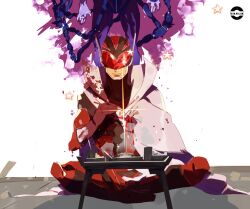 Rule 34 | 20 kel 00, 2boys, blood, blood on clothes, blood on face, bodysuit, cape, chopsticks, eating, gleam, helmet, highres, himura jin, indian style, long sleeves, male focus, multiple boys, popped collar, red keeper, sentai dai shikkaku, sitting, smile, table, tatami, twitter username, white background, white cape