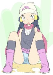 Rule 34 | 1girl, ass, bare shoulders, beanie, black shirt, black socks, blue hair, blue panties, blush, boots, creatures (company), dawn (pokemon), female focus, flat chest, full body, game freak, green background, grey eyes, hair ornament, hairclip, hat, hinahizu, jpeg artifacts, long hair, looking at viewer, nintendo, open mouth, panties, pantyshot, peeing, peeing self, pink footwear, pink scarf, pink skirt, pokemon, pokemon dppt, puddle, scarf, shirt, simple background, sitting, sketch, skirt, sleeveless, sleeveless shirt, socks, solo, spread legs, tears, undershirt, underwear, upskirt, wet, wet clothes, wet panties, white hat