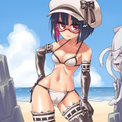 Rule 34 | 1girl, beach, beret, bikini, black hair, breasts, cameltoe, day, elbow gloves, glasses, gloves, hat, highres, large breasts, looking at viewer, mikan riji, multicolored hair, original, pink eyes, pink hair, red-framed eyewear, ridinetta, semi-rimless eyewear, solo, squid, swimsuit, tentacles, thighhighs, two-tone hair