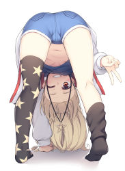 Rule 34 | 1girl, arm support, ass, azur lane, bent over, black socks, blonde hair, blue shirt, blue shorts, breasts, cleveland (azur lane), commentary request, full body, grin, hands reach floor, highres, jacket, jewelry, kneehighs, kneehighs pull, long hair, long sleeves, looking at viewer, looking back, looking through own legs, navel, necklace, no shoes, olive (laai), one eye closed, open clothes, open jacket, print legwear, print thighhighs, red eyes, shadow, shirt, short shorts, shorts, simple background, single kneehigh, single sock, single thighhigh, small breasts, smile, socks, soles, solo, star (symbol), star necklace, star print, thighhighs, upshirt, v, white background, white jacket