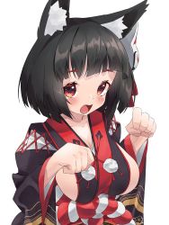 Rule 34 | 1girl, :d, animal ears, azur lane, black hair, blunt bangs, blush, breasts, cat ears, cat mask, cleavage, collarbone, commentary request, highres, japanese clothes, long sleeves, marimo daifuku, mask, mask on head, open mouth, paw pose, red eyes, rope, shimenawa, short hair, sideboob, sidelocks, simple background, smile, white background, wide sleeves, yamashiro (azur lane)