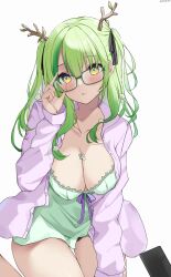 Rule 34 | 1girl, adjusting eyewear, antlers, black ribbon, blush, branch, breasts, camisole, ceres fauna, ceres fauna (jirai kei), cleavage, collarbone, commentary, english commentary, flower, glasses, green-framed eyewear, green hair, hair between eyes, hair flower, hair ornament, highres, hololive, hololive english, horns, large breasts, long hair, looking at viewer, mole, mole under eye, open clothes, open shirt, parted lips, ribbon, two side up, udonpan, virtual youtuber, white background, yellow eyes