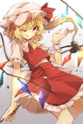Rule 34 | 1girl, ;p, ascot, bad id, bad twitter id, blonde hair, flandre scarlet, hat, hat ribbon, highres, hisona (suaritesumi), holding, laevatein, looking at viewer, one eye closed, red eyes, ribbon, short hair, short sleeves, side ponytail, skirt, skirt set, smile, solo, tongue, tongue out, touhou, wings, wrist cuffs