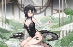 Rule 34 | 1girl, arknights, bare shoulders, bird, bird on hand, black footwear, black hair, black nails, black one-piece swimsuit, blacknight (arknights), blacknight (summer flower) (arknights), blue hair, braid, breasts, casual one-piece swimsuit, cleavage, covered navel, detached sleeves, green theme, grey eyes, high heels, highres, horns, jewelry, kunguiyuzhimeng, long hair, long sleeves, material growth, medium breasts, mole, mole under eye, multicolored hair, nail polish, necklace, official alternate costume, one-piece swimsuit, oripathy lesion (arknights), parted lips, plant, pointy ears, scales, shawl, side braid, sitting, solo, swimsuit, tail, tassel, thighlet, two-tone hair, very long hair, yokozuwari