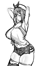 1girl armpits arms_behind_head arms_up atelier_(series) atelier_ryza breasts cleavage hair_ornament hairclip henriiku_(ahemaru) large_breasts legs_together looking_at_viewer monochrome navel reisalin_stout shirt short_hair short_shorts shorts sidelocks skindentation sleeveless sleeveless_shirt solo thick_thighs thighhighs thighs white_background