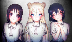 Rule 34 | 10s, 2018, 3girls, :3, arms at sides, artist name, asobi asobase, bad id, bad pixiv id, black hair, black skirt, blonde hair, blue eyes, blush, breasts, brown eyes, closed mouth, collared shirt, commentary, double bun, glasses, head tilt, highres, honda hanako, large breasts, long hair, looking at viewer, low twintails, multiple girls, necktie, nomura kasumi, olivia (asobi asobase), own hands together, pleated skirt, purple eyes, school uniform, semi-rimless eyewear, shirt, short sleeves, signature, skirt, smile, tsiox, twintails, under-rim eyewear, white shirt, wing collar