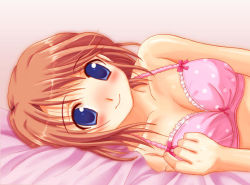 Rule 34 | 00s, 1girl, bed, blue eyes, blush, bra, breasts, brown hair, cleavage, komaki manaka, large breasts, lingerie, lying, on side, polka dot, polka dot bra, shian (my lonly life.), solo, to heart (series), to heart 2, underwear