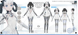 Rule 34 | 1girl, android, arms at sides, ballerina, bambinata: vitrum (swan lake) (punishing: gray raven), bambinata (punishing: gray raven), barcode, black hair, blue eyes, breasts, character sheet, commentary, dress, english commentary, english text, from behind, from side, full body, highres, joints, keyhole, lanyaojun, looking at viewer, mechanical parts, multicolored hair, multiple views, original, punishing: gray raven, robot joints, see-through, small breasts, two-tone hair, white dress, white hair