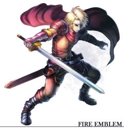Rule 34 | 1boy, blonde hair, blue eyes, boots, caesar (fire emblem), cape, copyright name, fire emblem, fire emblem: mystery of the emblem, gloves, headband, male focus, nintendo, simple background, solo, sword, umipro, weapon, white background