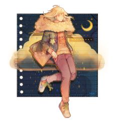 Rule 34 | 1boy, ahoge, blonde hair, blush, closed eyes, cloud, crescent moon, denim, english text, fur collar, hoshi-pan, jacket, jeans, layered clothes, long sleeves, male focus, medium hair, moon, night, night sky, notepad, original, pants, parted lips, rain, raincoat, shoes, sky, sneakers, solo, standing, standing on one leg, star (sky), star (symbol), star print, starry sky, sweater