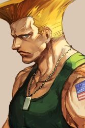 Rule 34 | 1boy, american flag, blonde hair, blue eyes, capcom, closed mouth, dog tags, flattop, frown, furrowed brow, grey background, guile, hungry clicker, looking at viewer, male focus, muscular, simple background, solo, street fighter, tank top, tattoo, upper body, veins