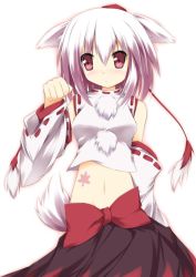 Rule 34 | 1girl, animal ears, autumn leaves, bare shoulders, blush, breasts, detached sleeves, fuuna, groin, hat, inubashiri momiji, leaf, looking at viewer, midriff, navel, paw pose, pom pom (clothes), red eyes, ribbon, short hair, silver hair, solo, tail, tattoo, tokin hat, touhou, wolf ears, wolf tail