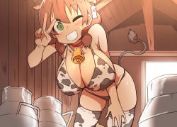 Rule 34 | 1girl, absurdres, animal ears, animal print, bell, neck bell, bent over, bikini, blush, breasts, bural chingu, cleavage, collar, cow ears, cow girl, cow print, cow tail, cowbell, ear tag, grin, ham na-bi, hand on own thigh, highres, huge breasts, luke (dydansgur), milk, navel, one eye closed, original, smile, solo, sweat, swimsuit, tail, tail raised, v