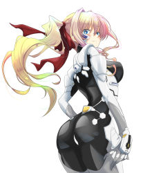 Rule 34 | 1girl, ass, blonde hair, blush, breasts, bright pupils, fortified suit, from behind, gloves, grey gloves, hand on own hip, highres, ilfriede von feulner, kamon rider, long hair, looking at viewer, looking back, medium breasts, muv-luv, muv-luv alternative, pilot suit, side ponytail, smile, solo, the euro front, white pupils