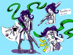Rule 34 | 1girl, armor, blue background, boots, character name, character sheet, clothes around waist, cross-laced footwear, goggles, green eyes, holding, holding weapon, ink tank (splatoon), jacket, jacket around waist, knee boots, multiple views, navel, nintendo, octoling, pancake (zoza), partially colored, purple hair, seaweed, short hair, splat charger (splatoon), splatoon (series), splatoon 1, standing, takozonesu, tentacle hair, weapon, whistle, zoza