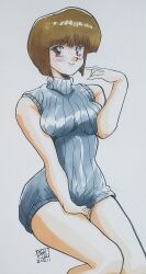 Rule 34 | 1girl, artist name, blunt bangs, blunt ends, blush, bob cut, breasts, brown eyes, brown hair, closed mouth, commentary, dated, dress, grey sweater, grey vest, hand on lap, hand up, highres, looking at viewer, marker (medium), medium breasts, ranma 1/2, ribbed dress, ribbed sweater, short dress, short hair, signature, simple background, sitting, sleeveless, sleeveless dress, sleeveless sweater, sleeveless turtleneck, sleeveless turtleneck dress, smile, solo, sunshinek, sweater, sweater dress, tendou nabiki, traditional media, turtleneck, turtleneck dress, turtleneck sweater, vest, white background