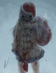Rule 34 | 1girl, aosora (mizore), axe, blonde hair, blood, blood on clothes, bloody weapon, bucket, coat, hat, holding, holding axe, holding weapon, long hair, long sleeves, original, sack, santa hat, skirt, snow, snowing, solo, weapon, yellow coat