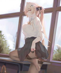 Rule 34 | 1girl, alternate costume, black pantyhose, black skirt, blonde hair, blouse, bow, bracelet, breasts, brown eyes, brown pantyhose, classroom, collared shirt, day, earrings, from side, girls&#039; frontline, hair between eyes, hair bow, hair ornament, hair ribbon, highres, indoors, jewelry, large breasts, long hair, looking at viewer, necktie, no shoes, ots-14 (girls&#039; frontline), pantyhose, plant, ribbon, ru zhai, school uniform, shirt, simple background, skirt, smile, soles, solo, tagme, tight clothes, very long hair, white shirt