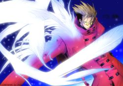Rule 34 | 1boy, aqua eyes, black hair, blonde hair, coat, feathers, gloves, high collar, long coat, male focus, manly, multicolored hair, red coat, serious, short hair, solo, spiked hair, sunglasses, trigun, two-tone hair, vash the stampede