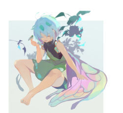 Rule 34 | 1girl, absurdres, aleng, aqua hair, aqua nails, barefoot, bug, butterfly wings, commentary, dress, eternity larva, full body, green dress, highres, insect wings, leaf, leaf on head, looking at viewer, open mouth, red eyes, short hair, simple background, sleeveless, sleeveless dress, solo, touhou, wings