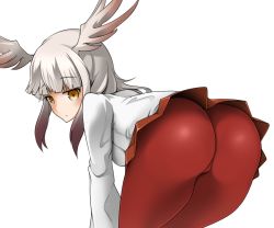 Rule 34 | 10s, 1girl, ass, bent over, blunt bangs, breasts, expressionless, from behind, half-closed eyes, head wings, japanese crested ibis (kemono friends), jitome, kemono friends, long sleeves, looking at viewer, looking back, miniskirt, multicolored hair, pantyhose, pleated skirt, red pantyhose, red skirt, shirt, simple background, sinensian, skirt, solo, thighs, two-tone hair, white background, white hair, white shirt, wings, yellow eyes