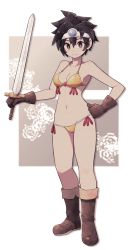 Rule 34 | 1girl, bikini, breasts, brown eyes, brown footwear, brown gloves, brown hair, closed mouth, contrapposto, copyright request, diadem, full body, gloves, hand on own hip, highres, holding, holding sword, holding weapon, lamb-oic029, looking at viewer, medium breasts, navel, short hair, smile, solo, spiked hair, standing, swimsuit, sword, weapon, yellow bikini