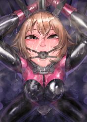 Rule 34 | 1girl, absurdres, ball gag, black bodysuit, bodysuit, breasts, brown eyes, brown hair, from above, gag, gagged, gloves, highres, kantai collection, kilye kairi, large breasts, latex, latex bodysuit, looking at viewer, mutsu (kancolle), pink gloves, short hair, skin tight, smile, solo, squatting, wet, wet clothes, zipper